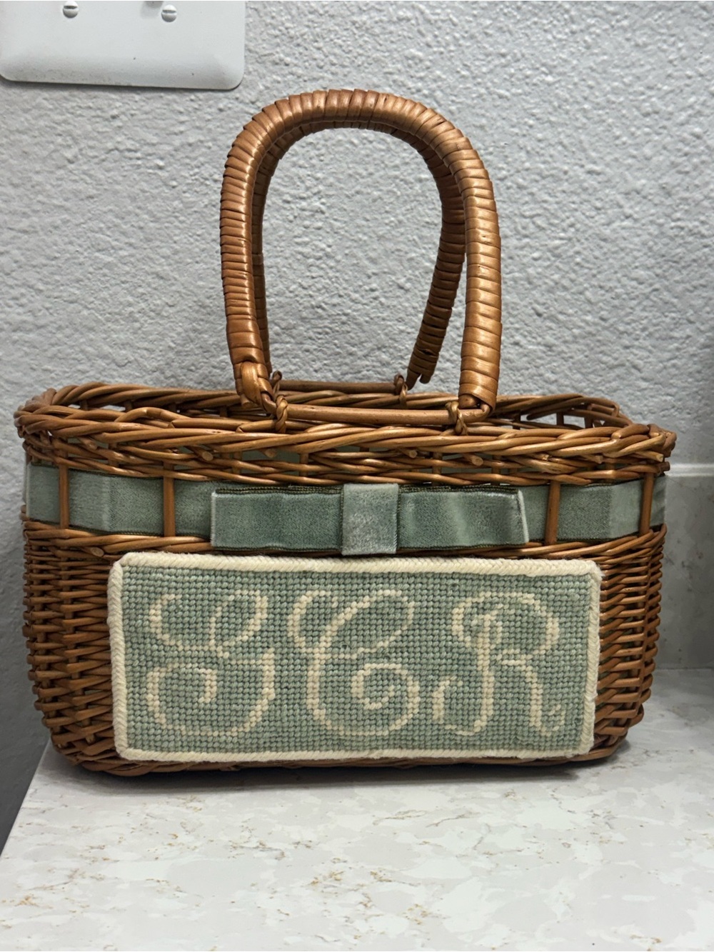Woven Basket Tote with Sage Velvet Ribbon and Monogram Needlepoint Vintage